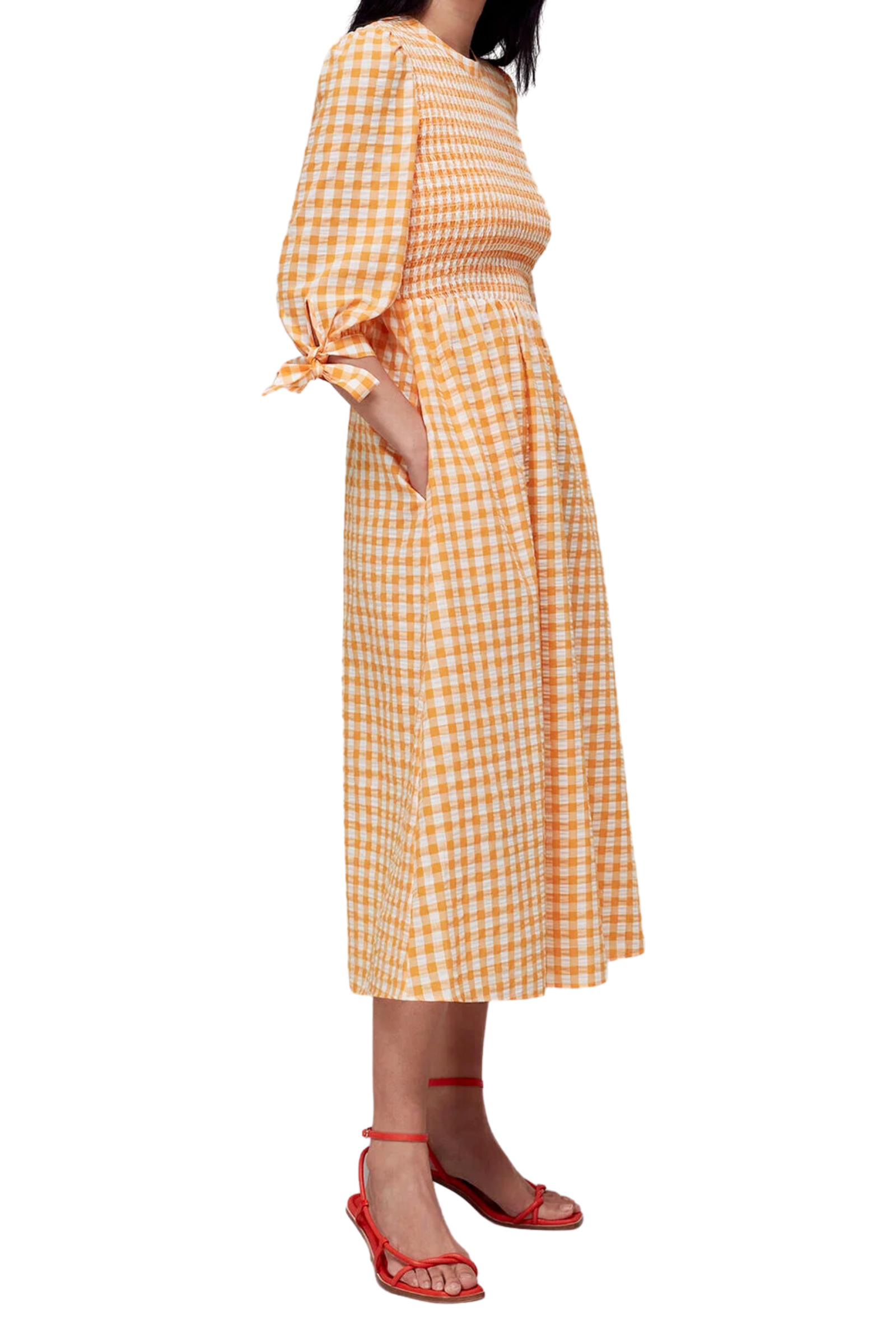 Whistles Gingham Check Shirred Dress Orange For The Creators