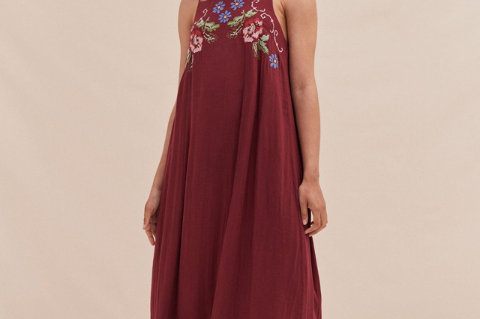 Desmond & Dempsey Square Dress - Dorothea Cross Stitch Burgundy 5
