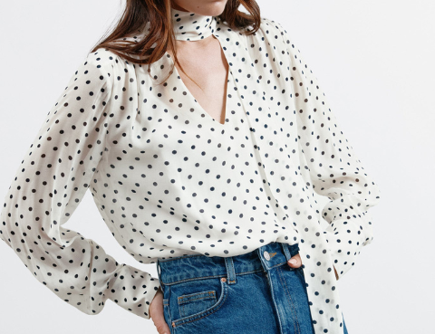 Albaray Cream Spot Long Sleeve Tie Top - Cream 1