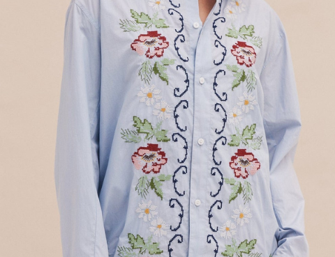 Desmond & Dempsey Lounge Shirt - Dorothea Cross Stitch - Light Blue 1