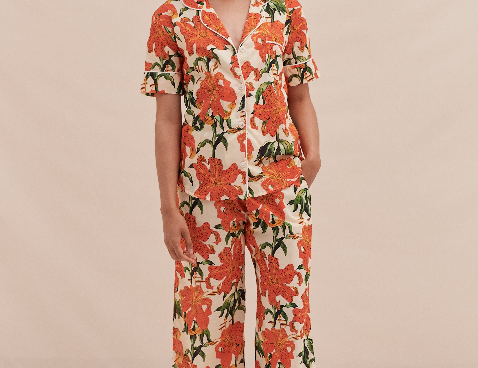 Desmond & Dempsey Lilium Orange Cream Lounge Trouser 1