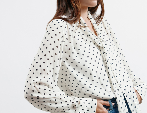 Albaray Cream Spot Long Sleeve Tie Top - Cream 2