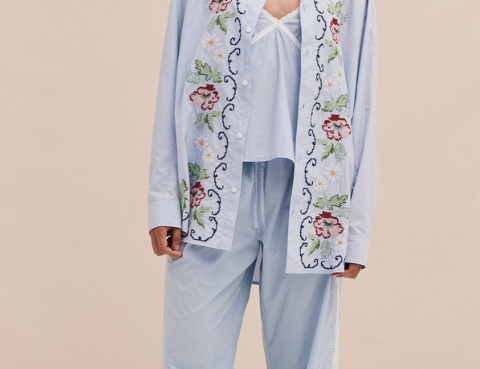 Desmond & Dempsey Lounge Shirt - Dorothea Cross Stitch - Light Blue 2