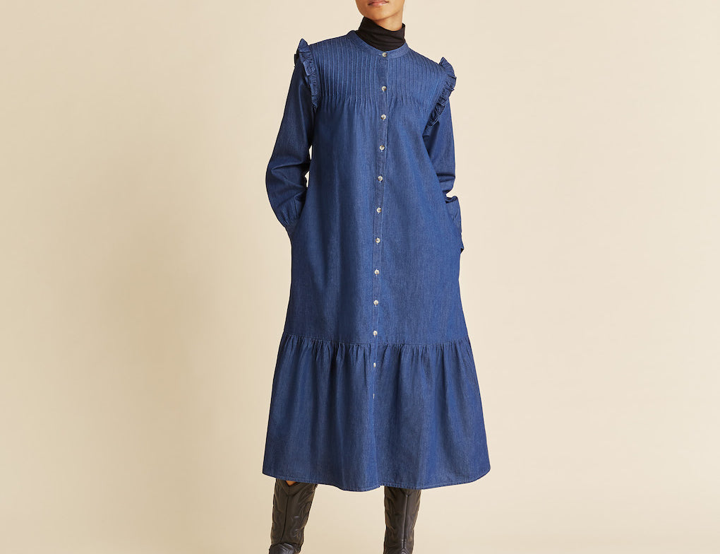 Albaray Denim Ruffle Shoulder Dress 1