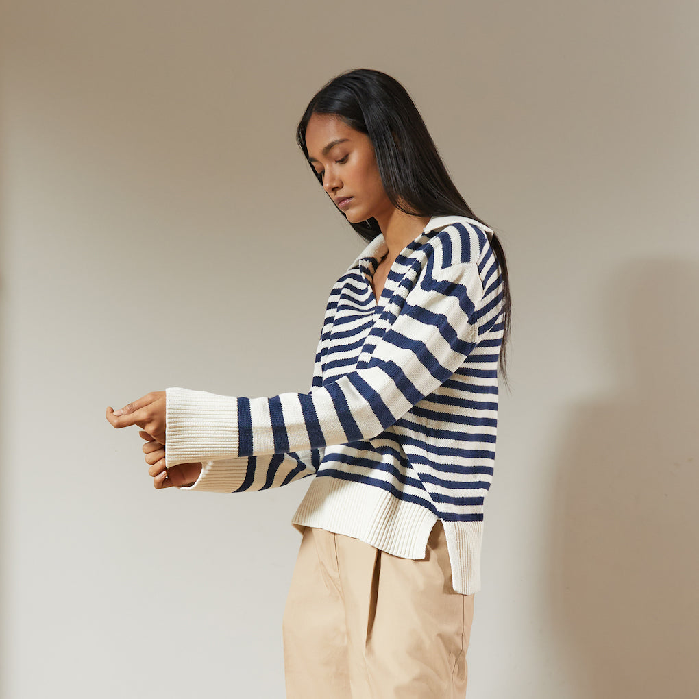 Albaray Navy Mixed Stripe Collar Jumper 1