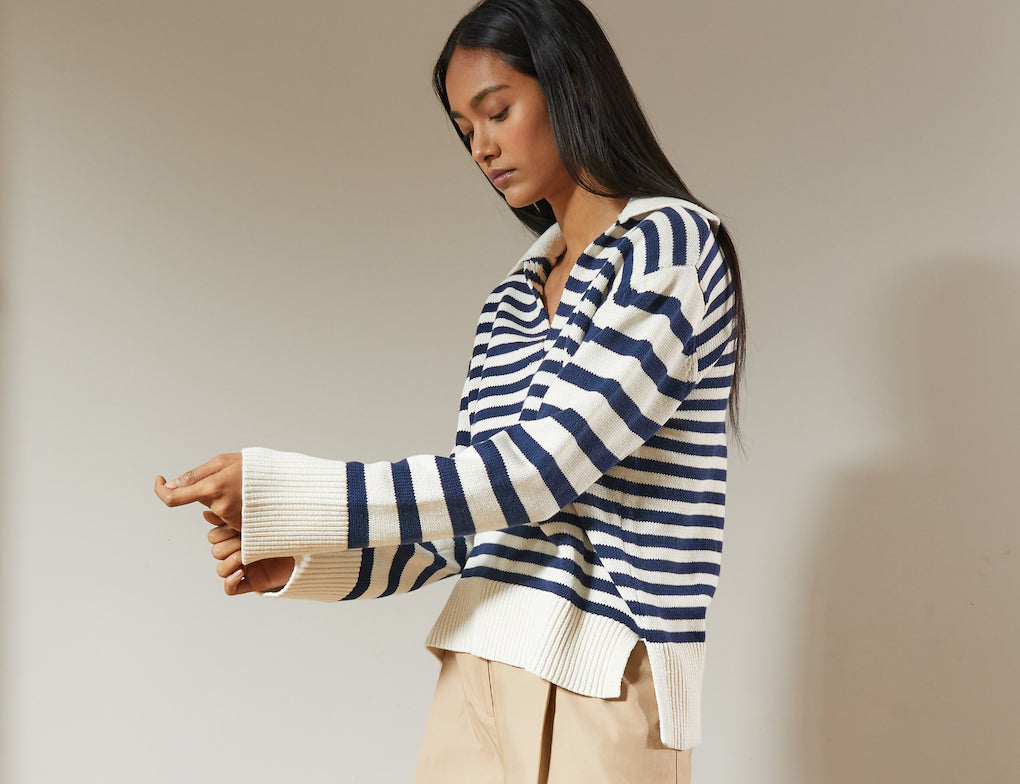 Albaray Navy Mixed Stripe Collar Jumper 1