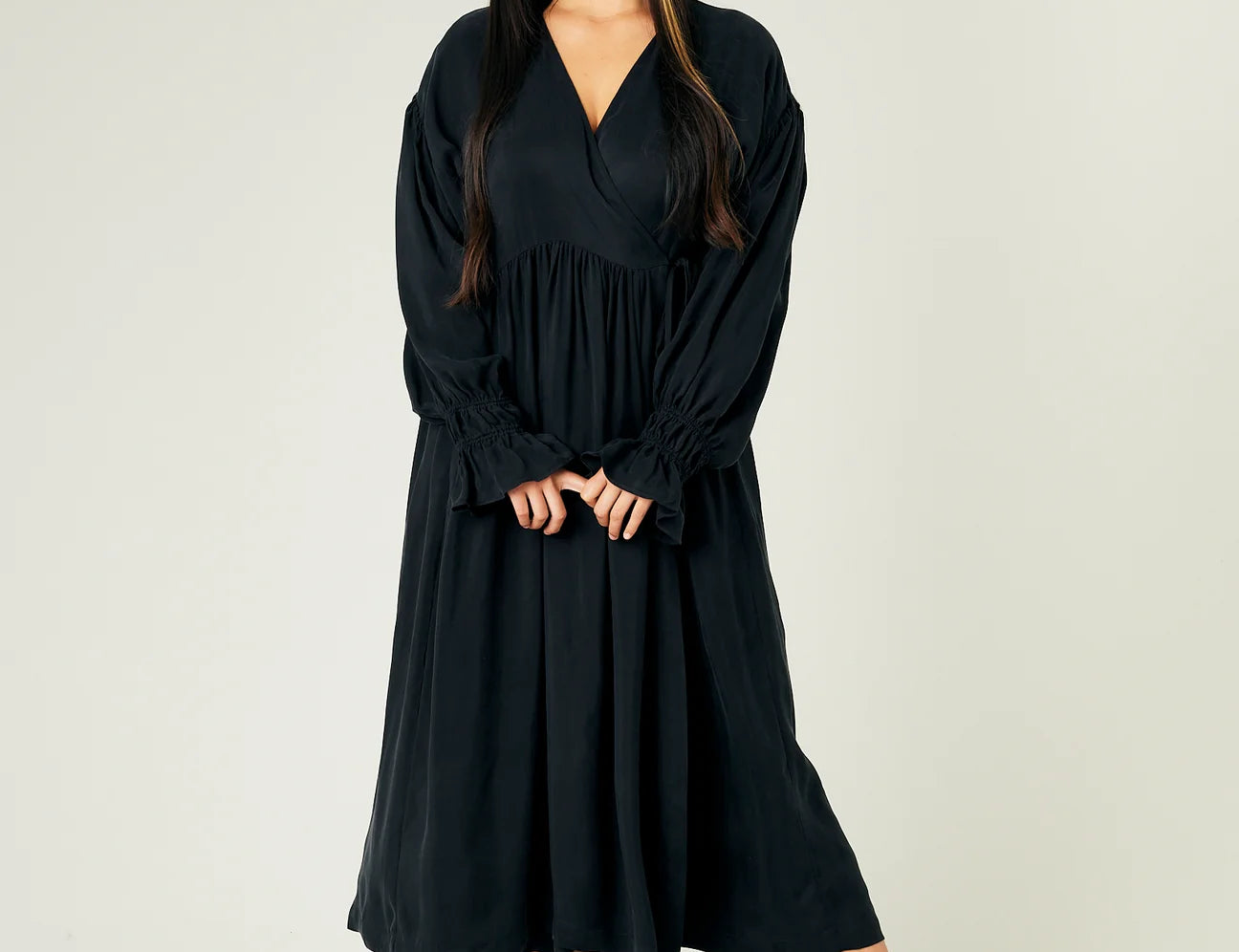 Beyond Nine Finley Black Cupro Wrap Dress 1