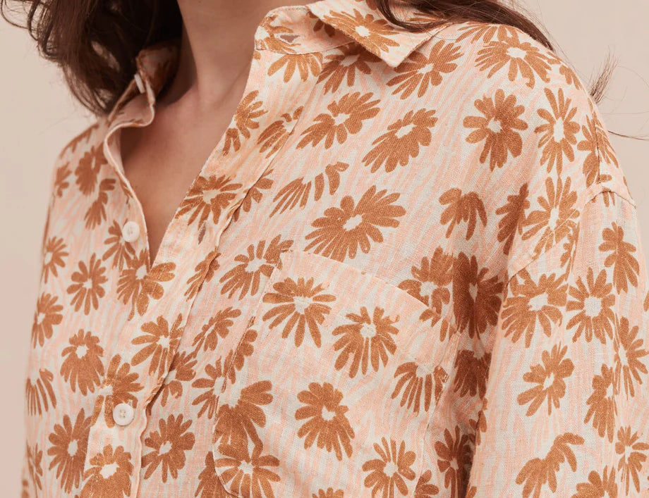Desmond & Dempsey Long Lounge Top- Chamomile Gold/Brown 1