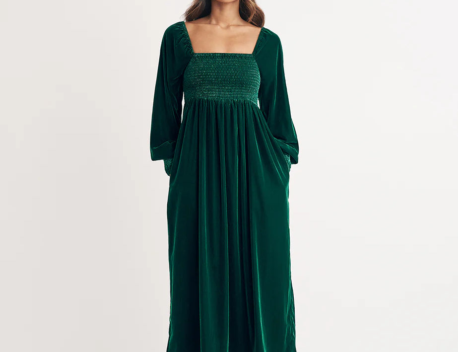 Nobody's Child Green Velvet Shirred Kylie Midi Dress 4