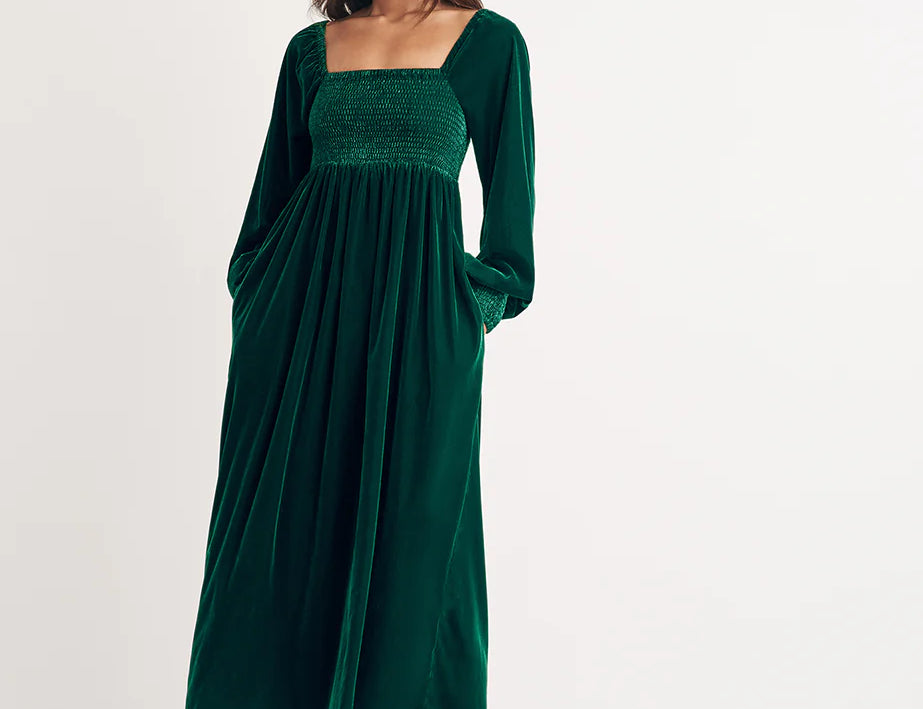 Nobody's Child Green Velvet Shirred Kylie Midi Dress 1