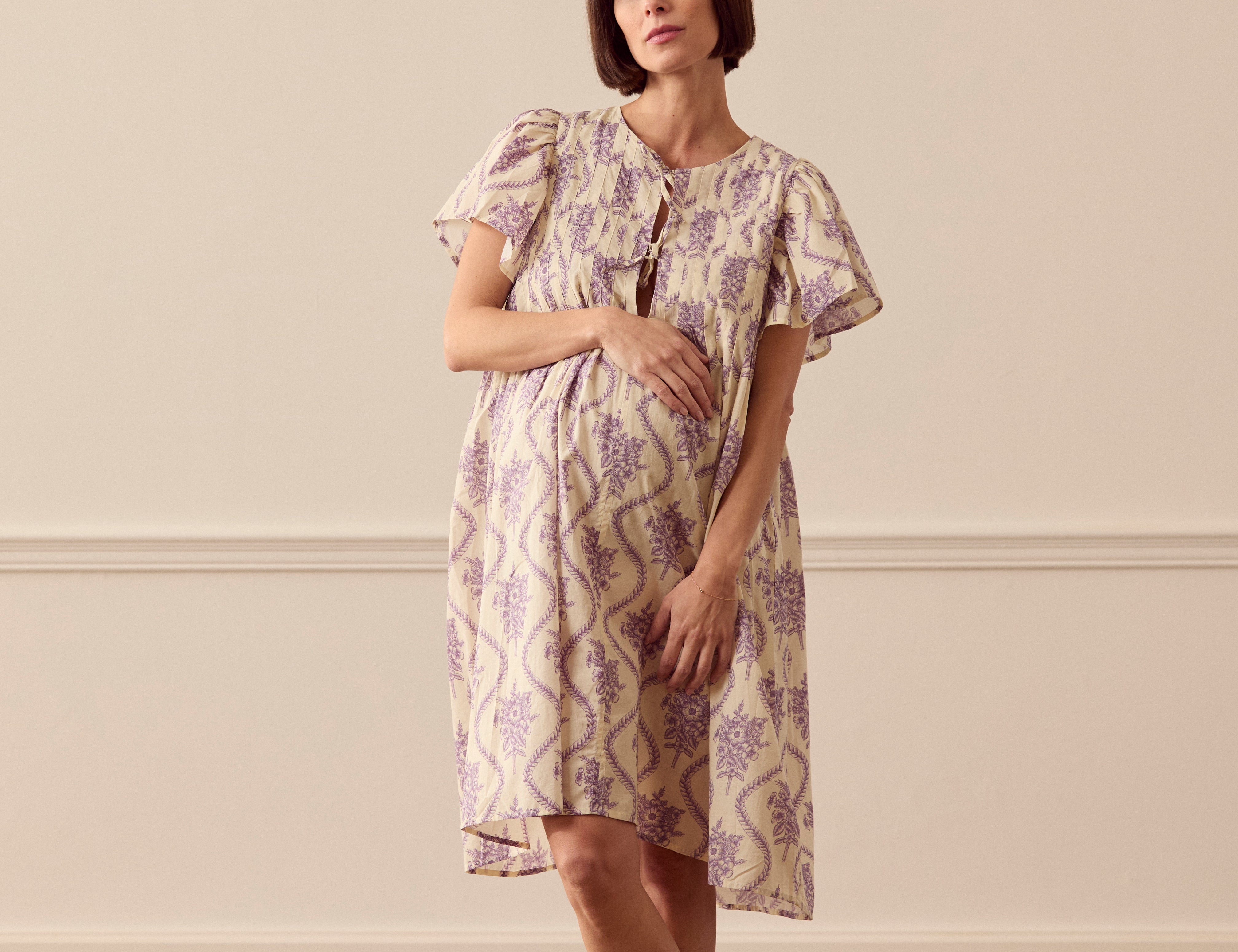 Desmond & Dempsey Pleated Dress - Alpen Flora Cream and Violet 1