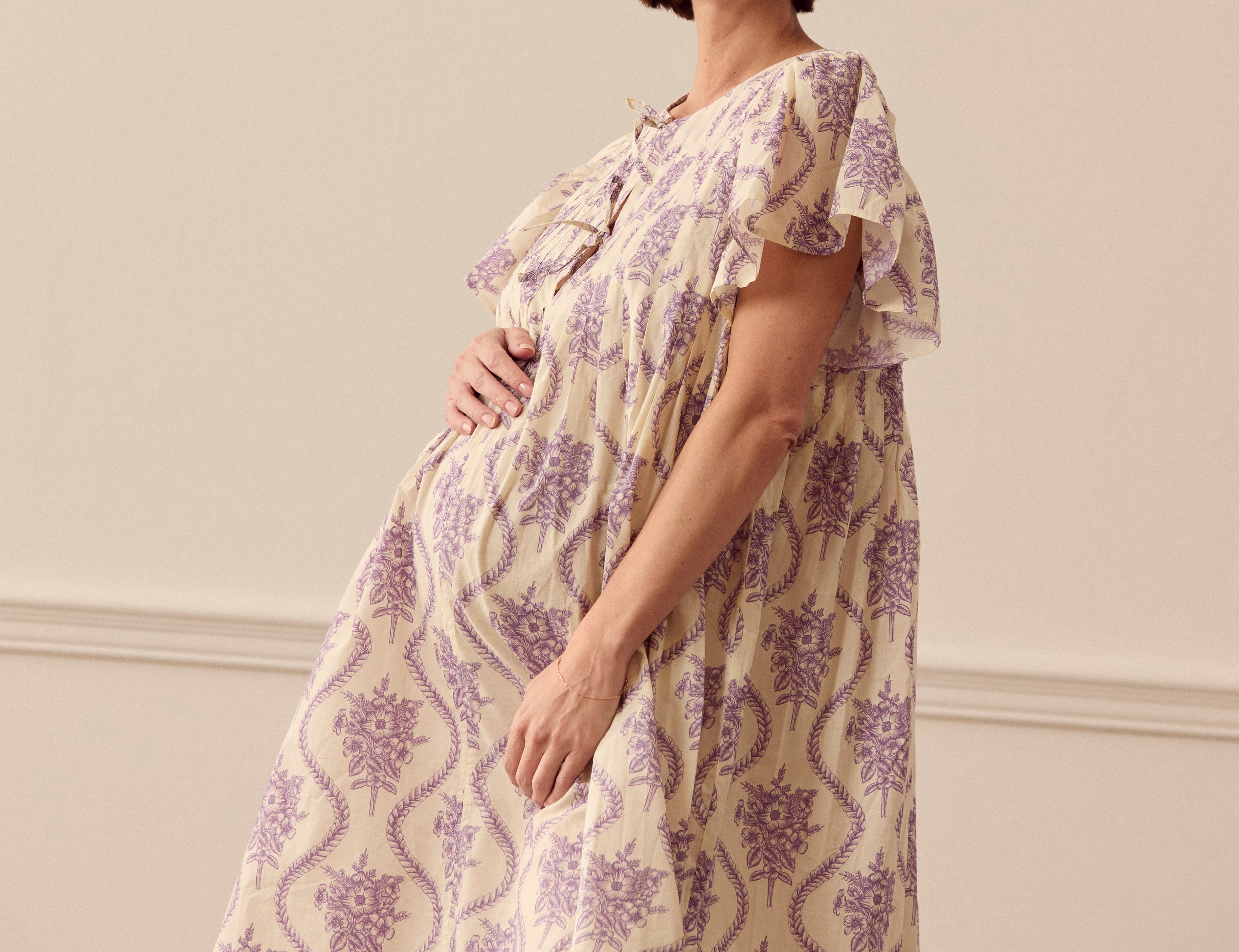 Desmond & Dempsey Pleated Dress - Alpen Flora Cream and Violet 2
