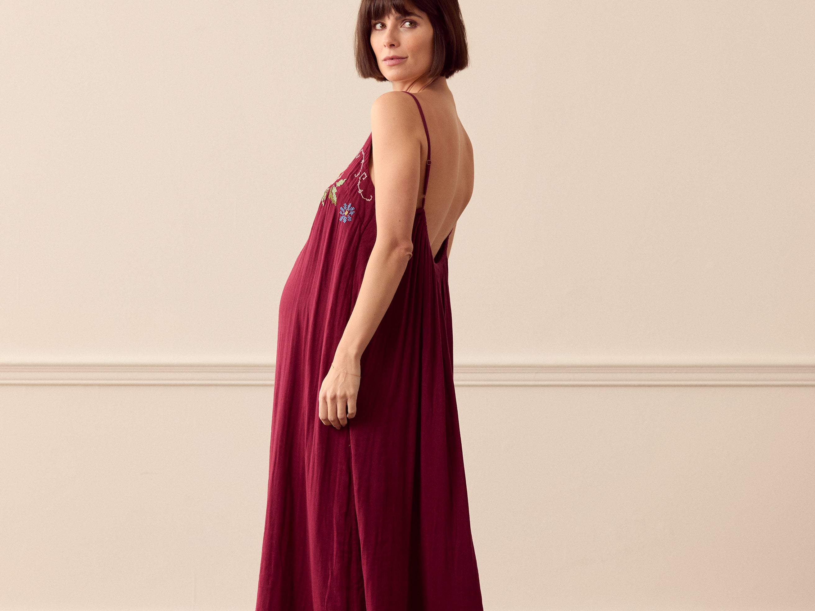 Desmond & Dempsey Square Dress - Dorothea Cross Stitch Burgundy 3