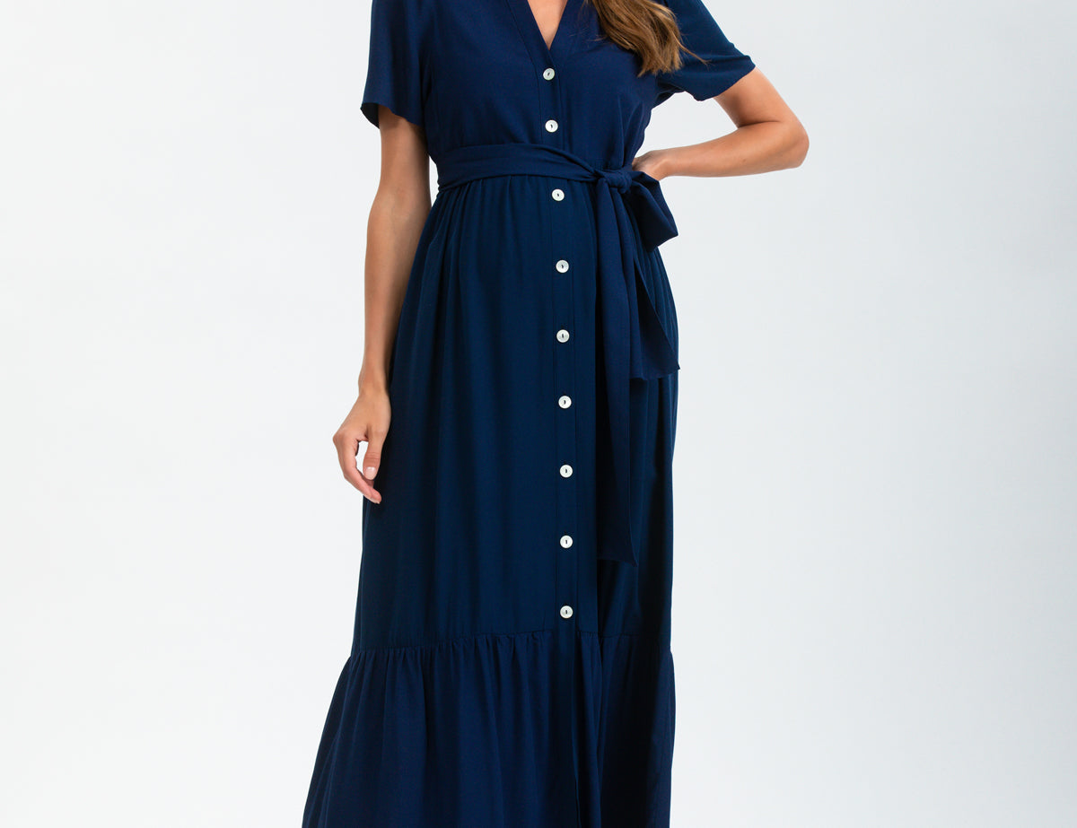 Pietro Brunelli Maternity Emma Botton down tie dress in Navy 1