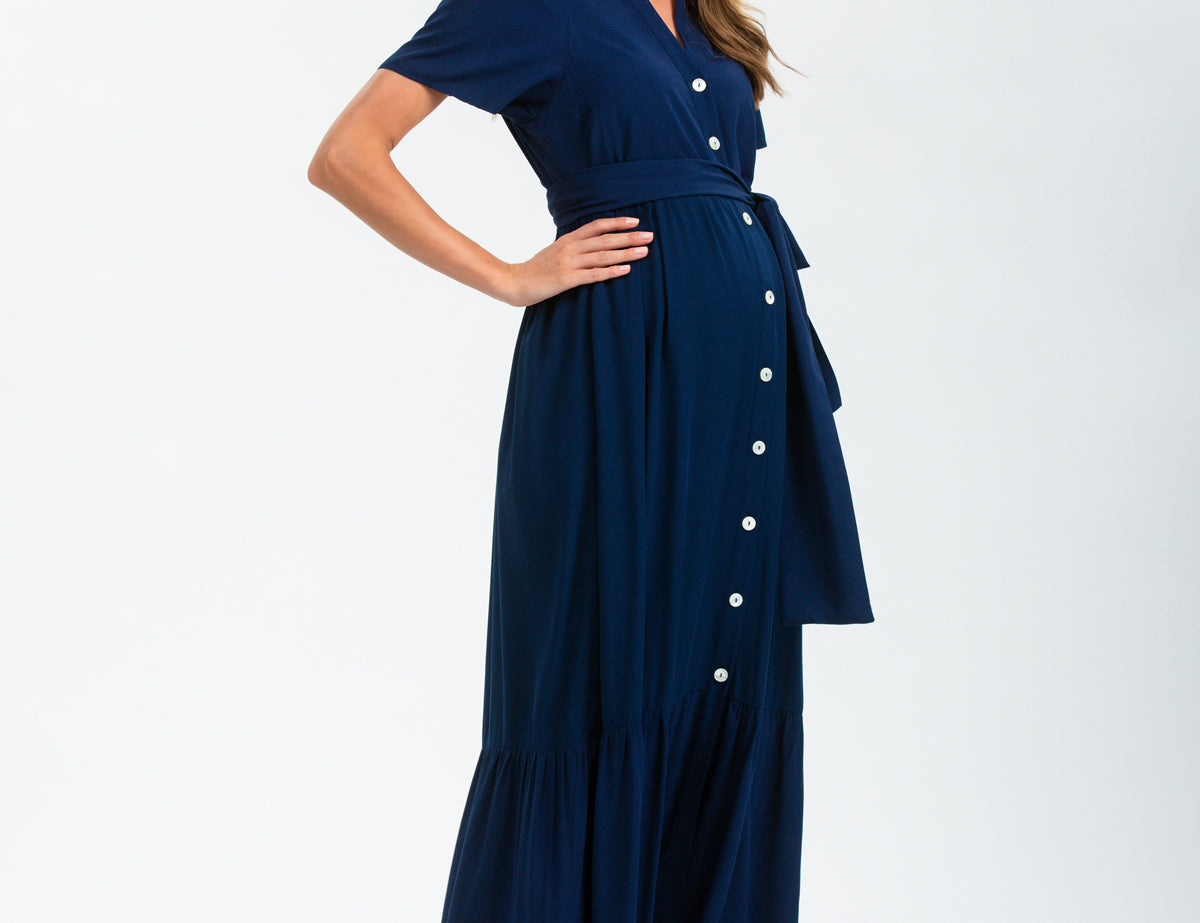 Pietro Brunelli Maternity Emma Botton down tie dress in Navy 2