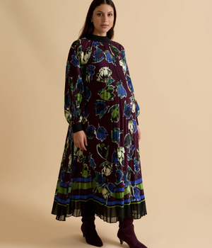 Printed High Neck Pleated Midi Dress maternity