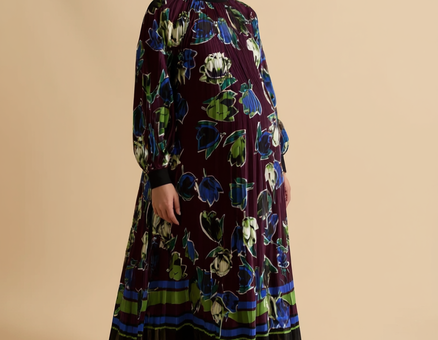 Printed High Neck Pleated Midi Dress maternity