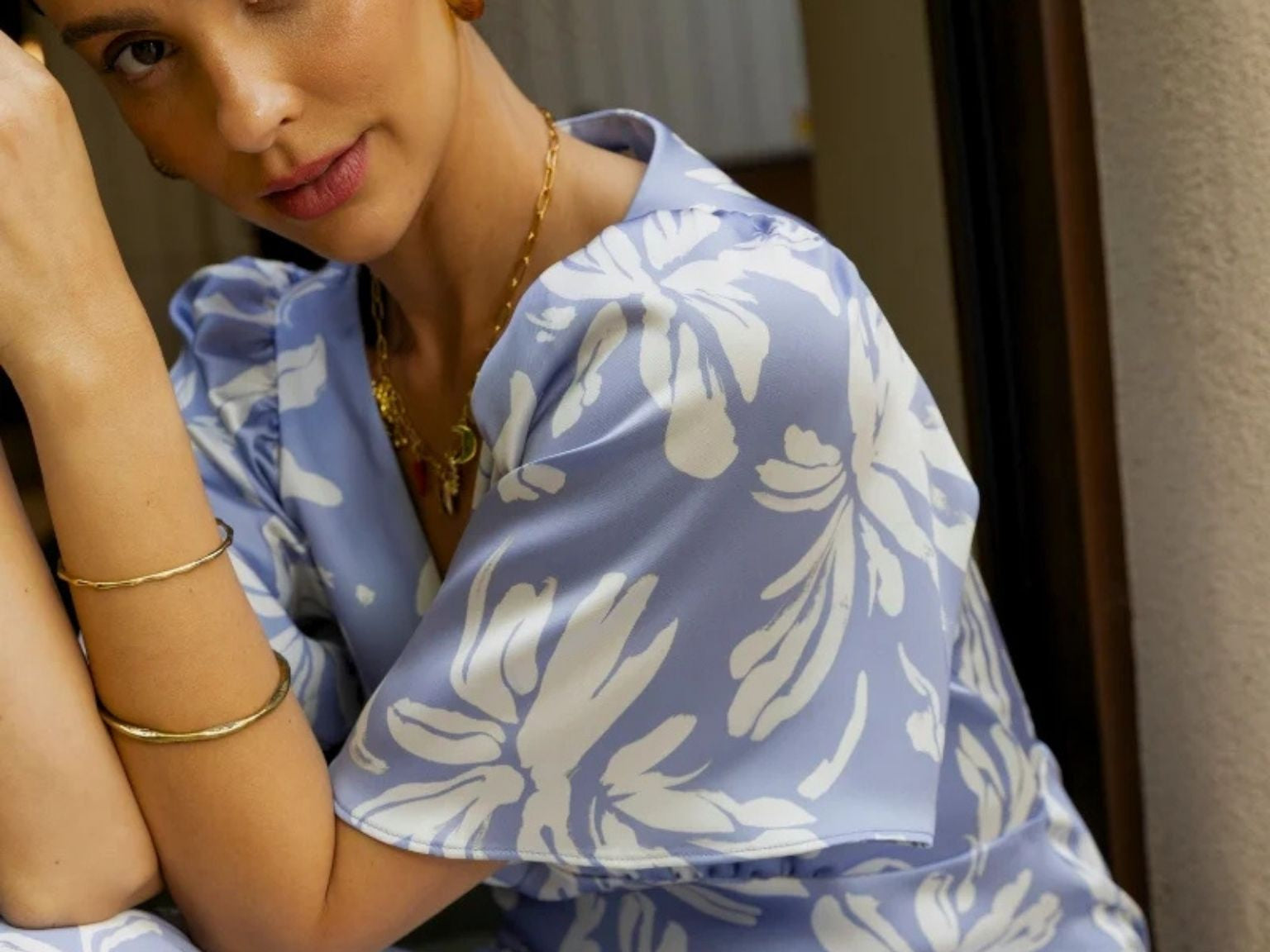 Model wearing Rewritten Ellis Dress in Blue Lily Print