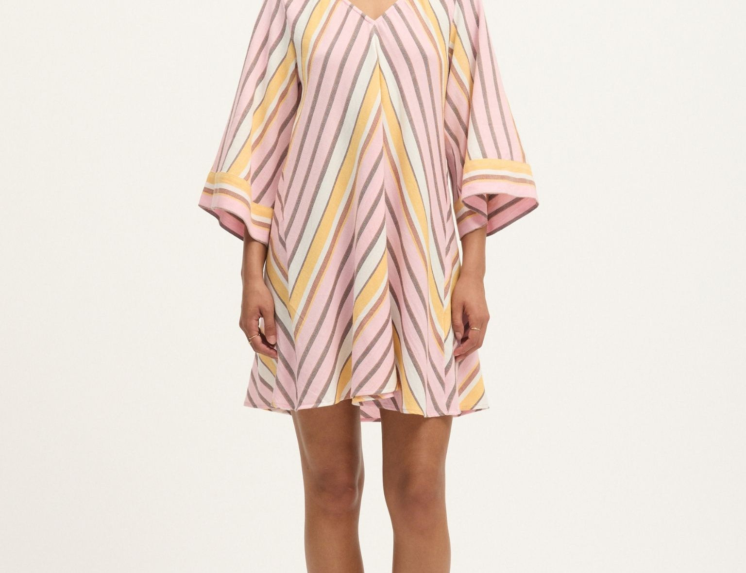 Front view of Summery Copenhagen Martha Mini Dress in Pink Mist with fluted sleeves and V neckline