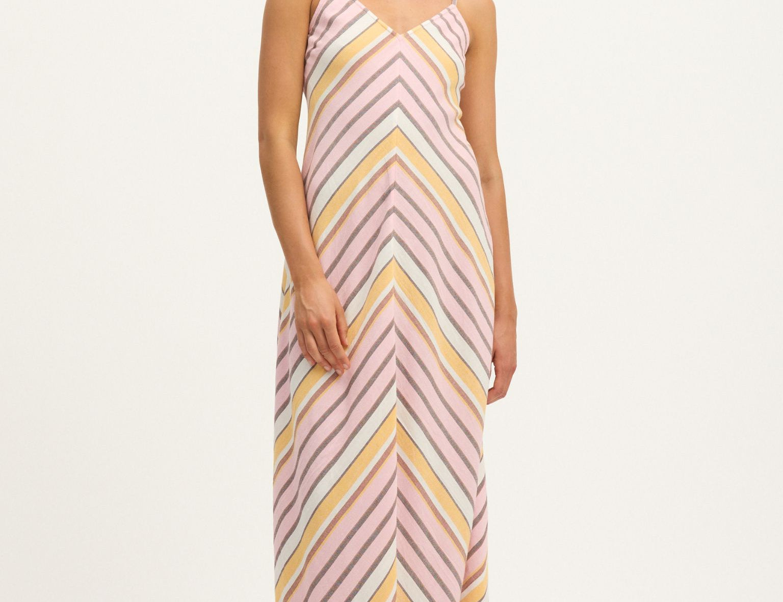 Model wearing Summery Copenhagen Martha Strap Midi Dress in Pink Mist – full front view