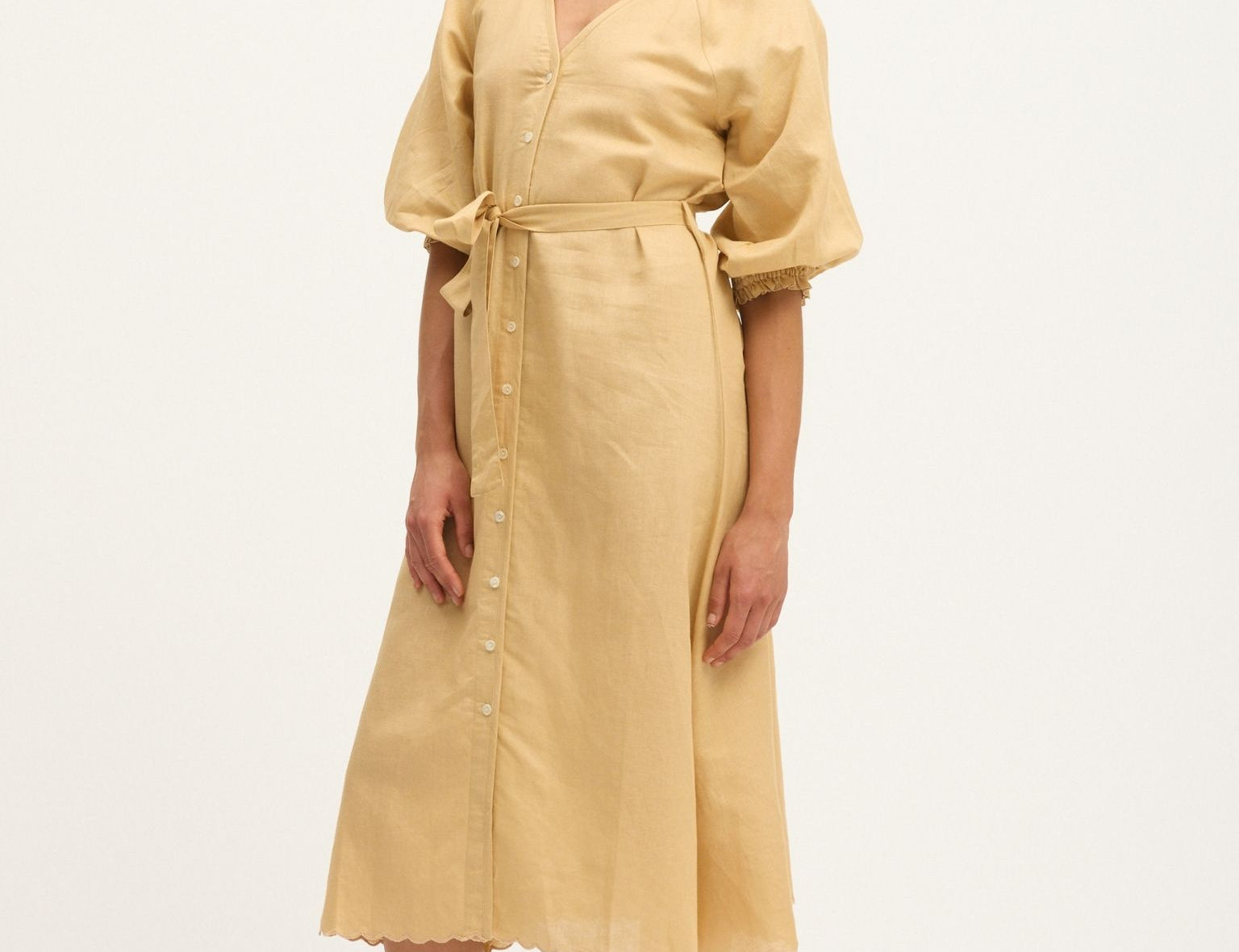 Summery Copenhagen Theresa Maternity Midi Dress in Sand – full front view