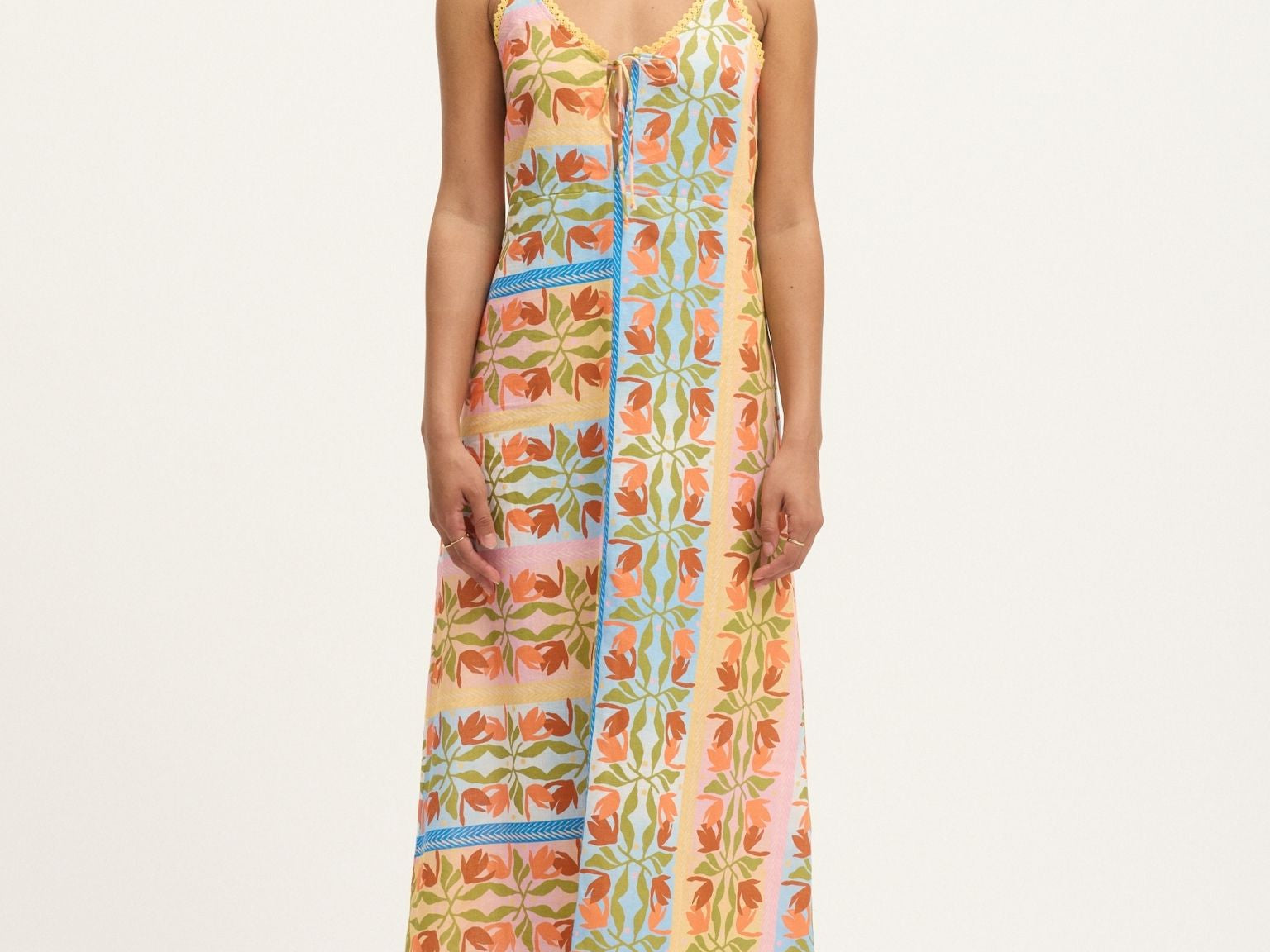 Front view of Summery Copenhagen Carmen String Dress in Multi Colour with tie-front and spaghetti straps