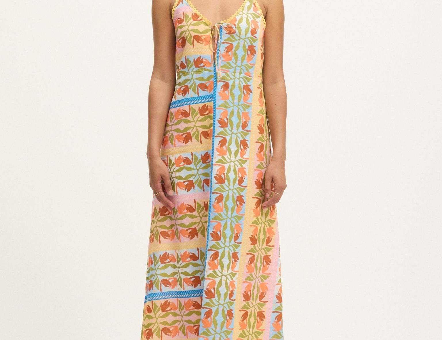 Front view of Summery Copenhagen Carmen String Dress in Multi Colour with tie-front and spaghetti straps