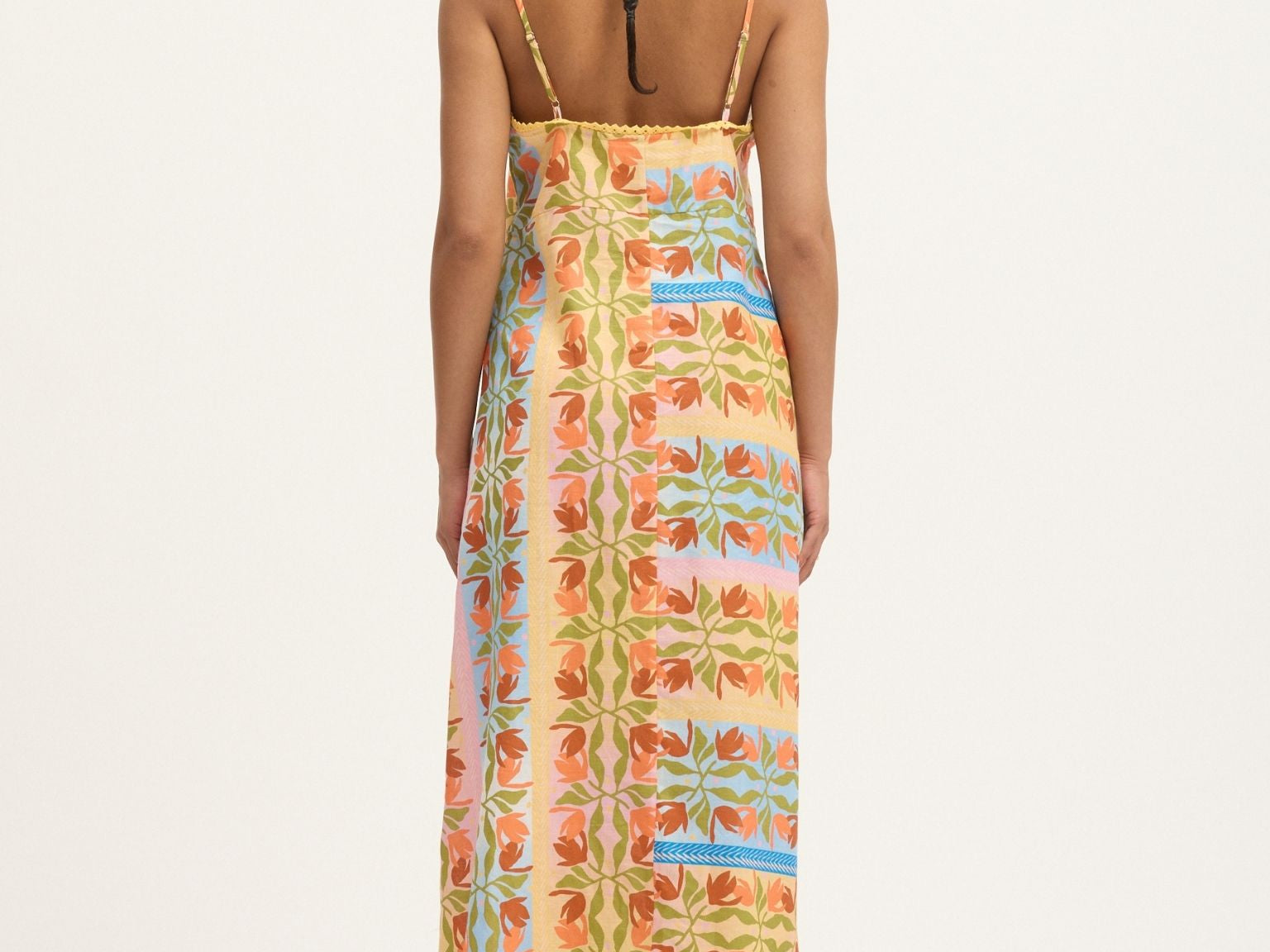 Back view of Summery Copenhagen Carmen String Dress in Multi Colour with tie-front and spaghetti straps