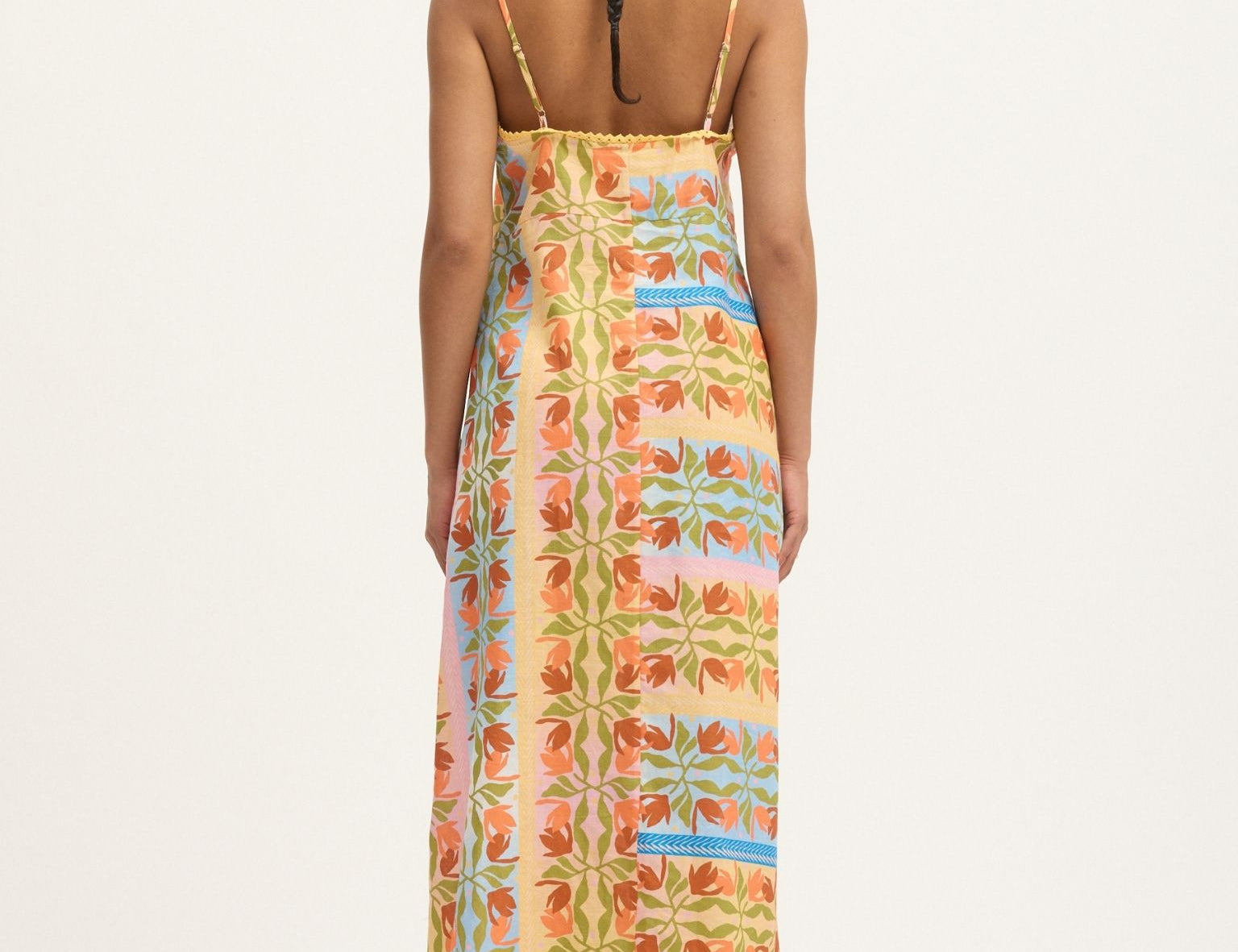 Back view of Summery Copenhagen Carmen String Dress in Multi Colour with tie-front and spaghetti straps