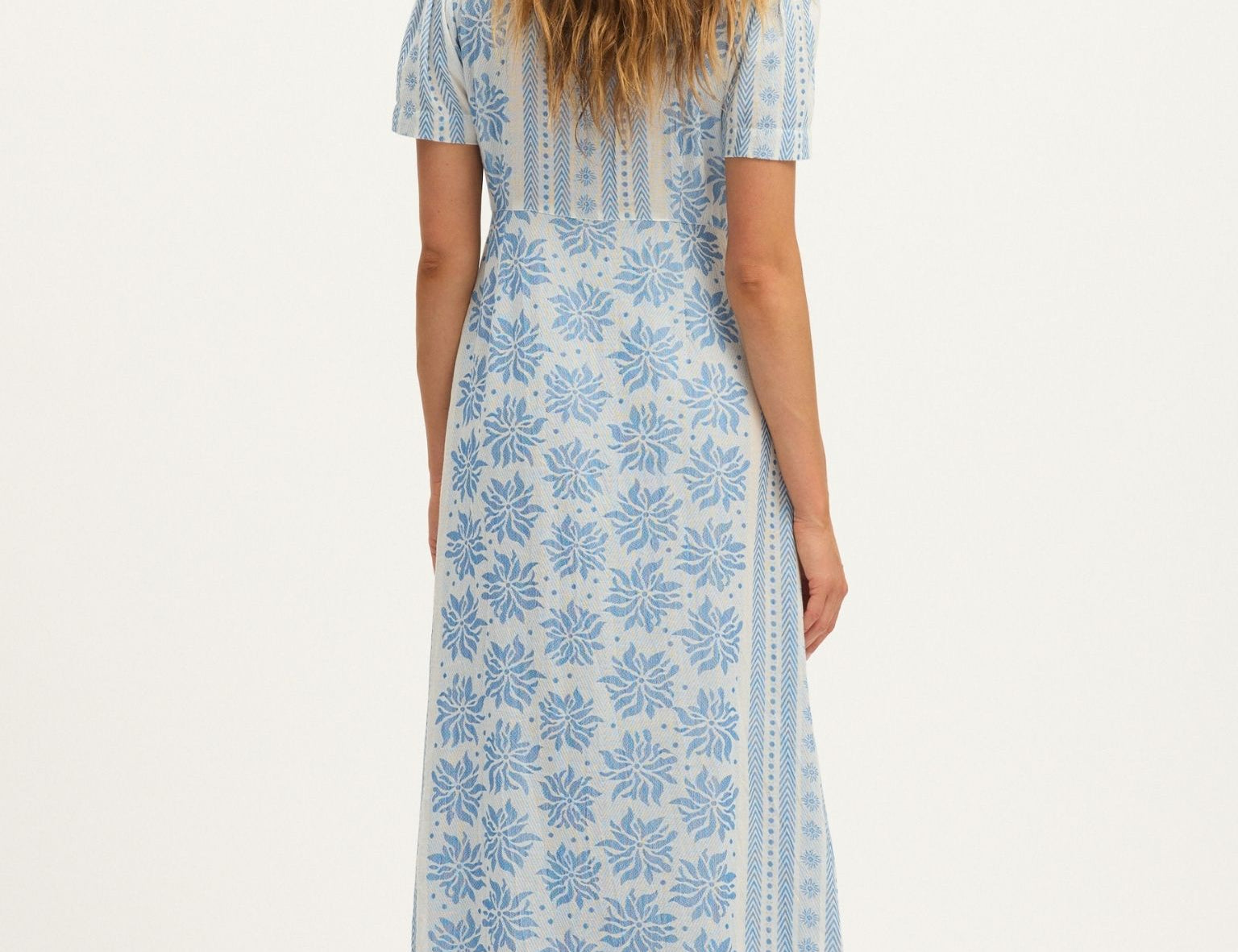 Summery Copenhagen Deborah Waffle Midi Dress in Bright White and Blue