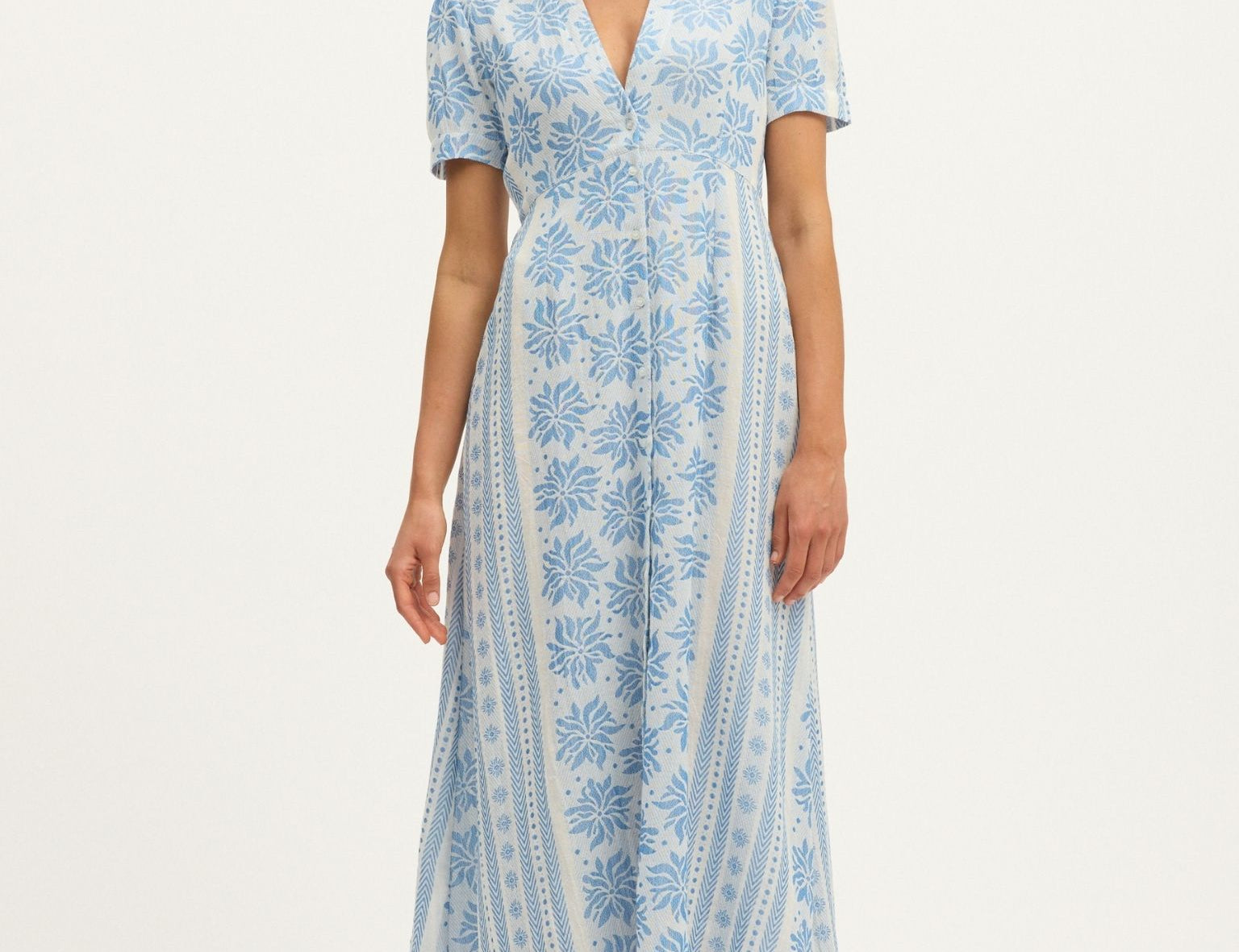 Summery Copenhagen Deborah Waffle Midi Dress in Bright White and Blue