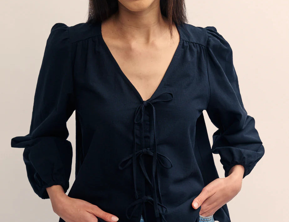 Nobody's Child Black Linen-Blend Tie Front Bernadetta Blouse 1