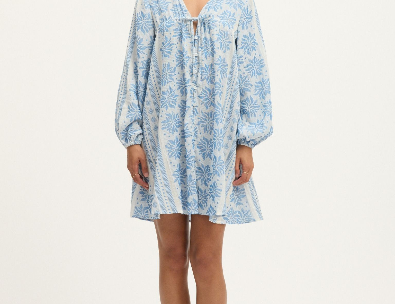 Deborah Waffle Mini Dress in Bright White and Blue by Summery Copenhagen – lightweight cotton mini with embroidered detail, ideal for mums during pregnancy and breastfeeding