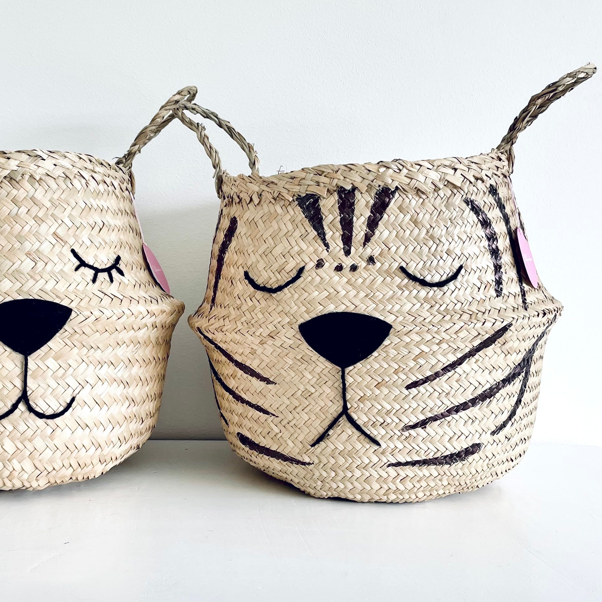 Natural Tiger Belly Basket, close-up of the tiger face with stripes, shut eyes and black nose beside another face basket