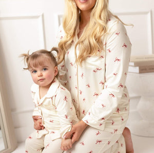 Mini Cozy Rosy Ribbon Pyjamas Set with pink bow print on cream, by Cozy Crew Club – image 5