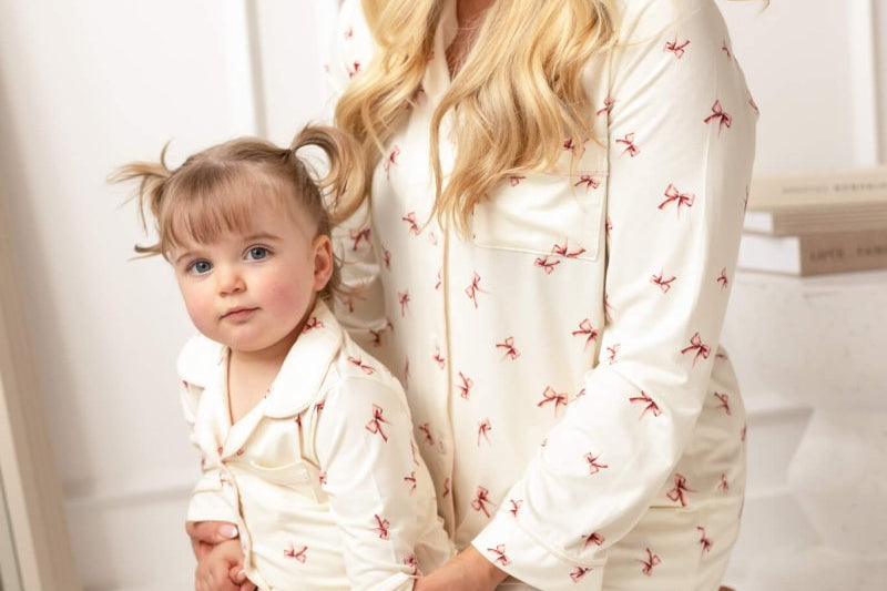 Mini Cozy Rosy Ribbon Pyjamas Set with pink bow print on cream, by Cozy Crew Club – image 5