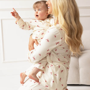 Mini Cozy Rosy Ribbon Pyjamas Set with pink bow print on cream, by Cozy Crew Club – image 3