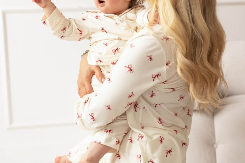 Mini Cozy Rosy Ribbon Pyjamas Set with pink bow print on cream, by Cozy Crew Club – image 3