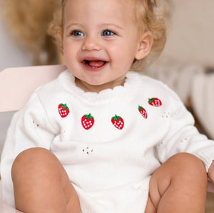 White Strawberry Knit Bodysuit baby one-piece by Cozy Crew Club