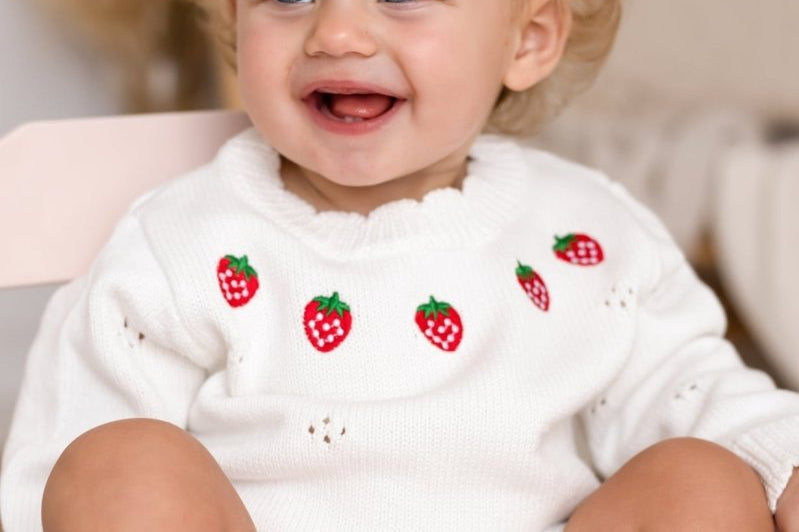White Strawberry Knit Bodysuit baby one-piece by Cozy Crew Club