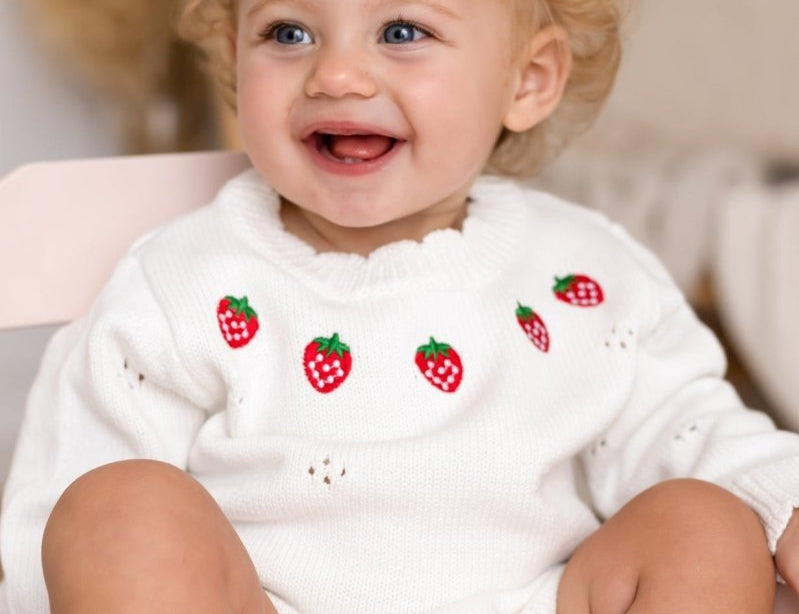 White Strawberry Knit Bodysuit baby one-piece by Cozy Crew Club