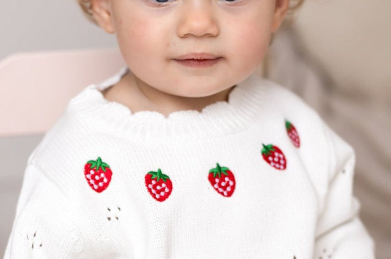 White Strawberry Knit Bodysuit baby one-piece by Cozy Crew Club – image 3