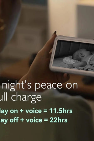 Person holding a baby monitor with text about battery life and features.