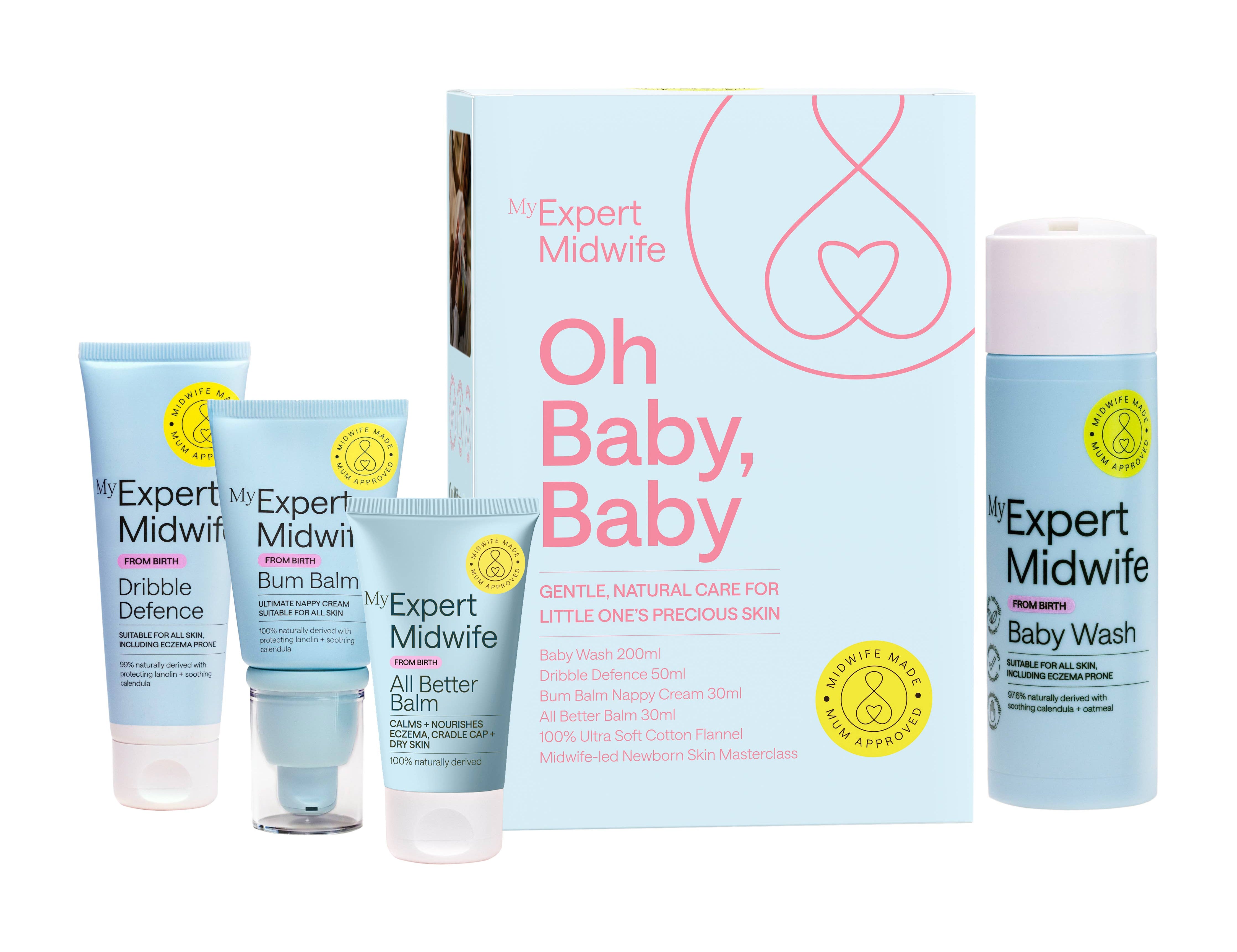 Collection of 'Expert Midwife' baby care products including bottles and boxes on a white background.