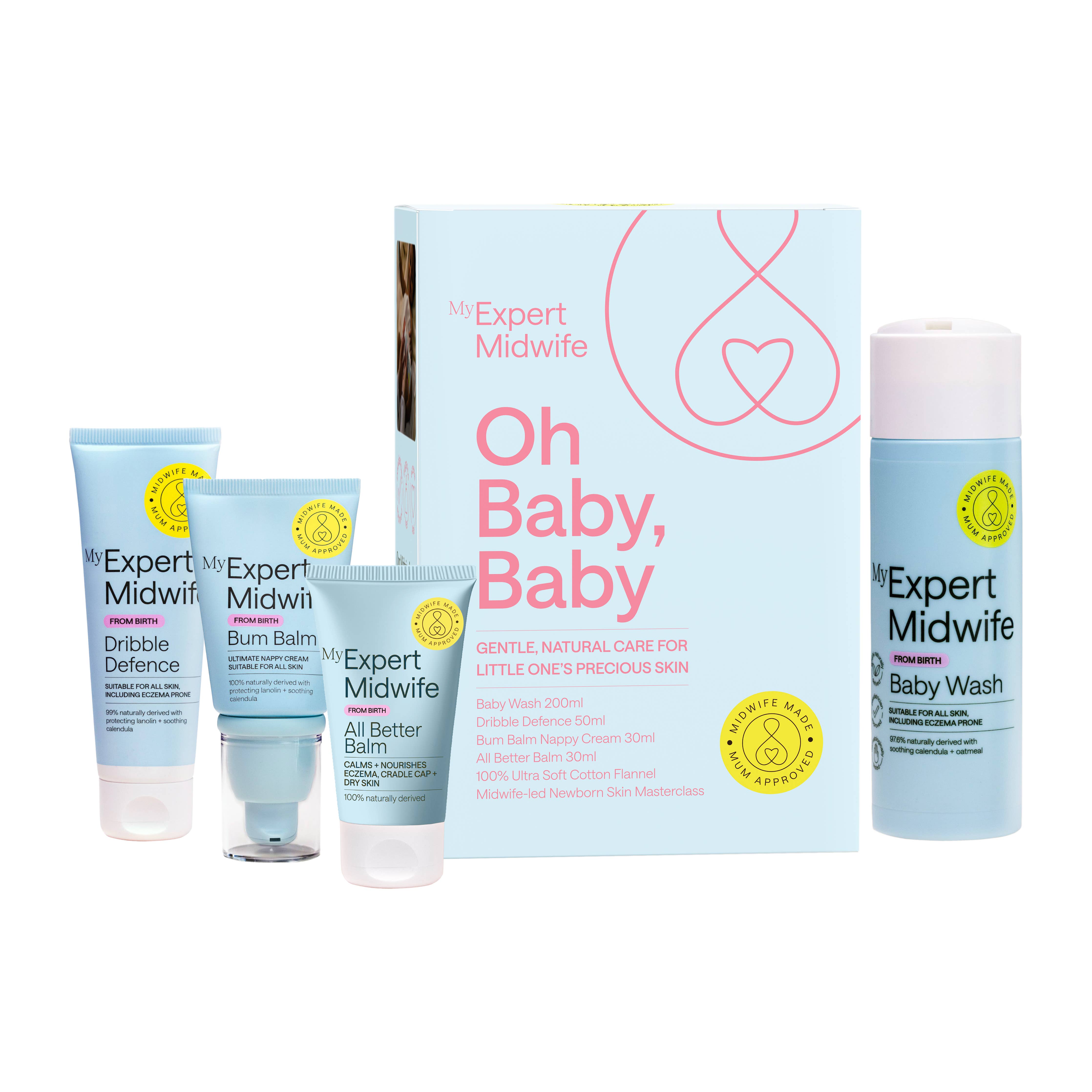 Collection of 'Expert Midwife' baby care products including bottles and boxes on a white background.