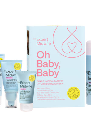Collection of 'Expert Midwife' baby care products including bottles and boxes on a white background.