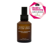 Sleepy Head Pillow Spray brown bottle on white with a Health and Wellbeing Awards 2024 bronze badge