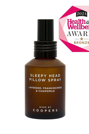 Sleepy Head Pillow Spray brown bottle on white with a Health and Wellbeing Awards 2024 bronze badge