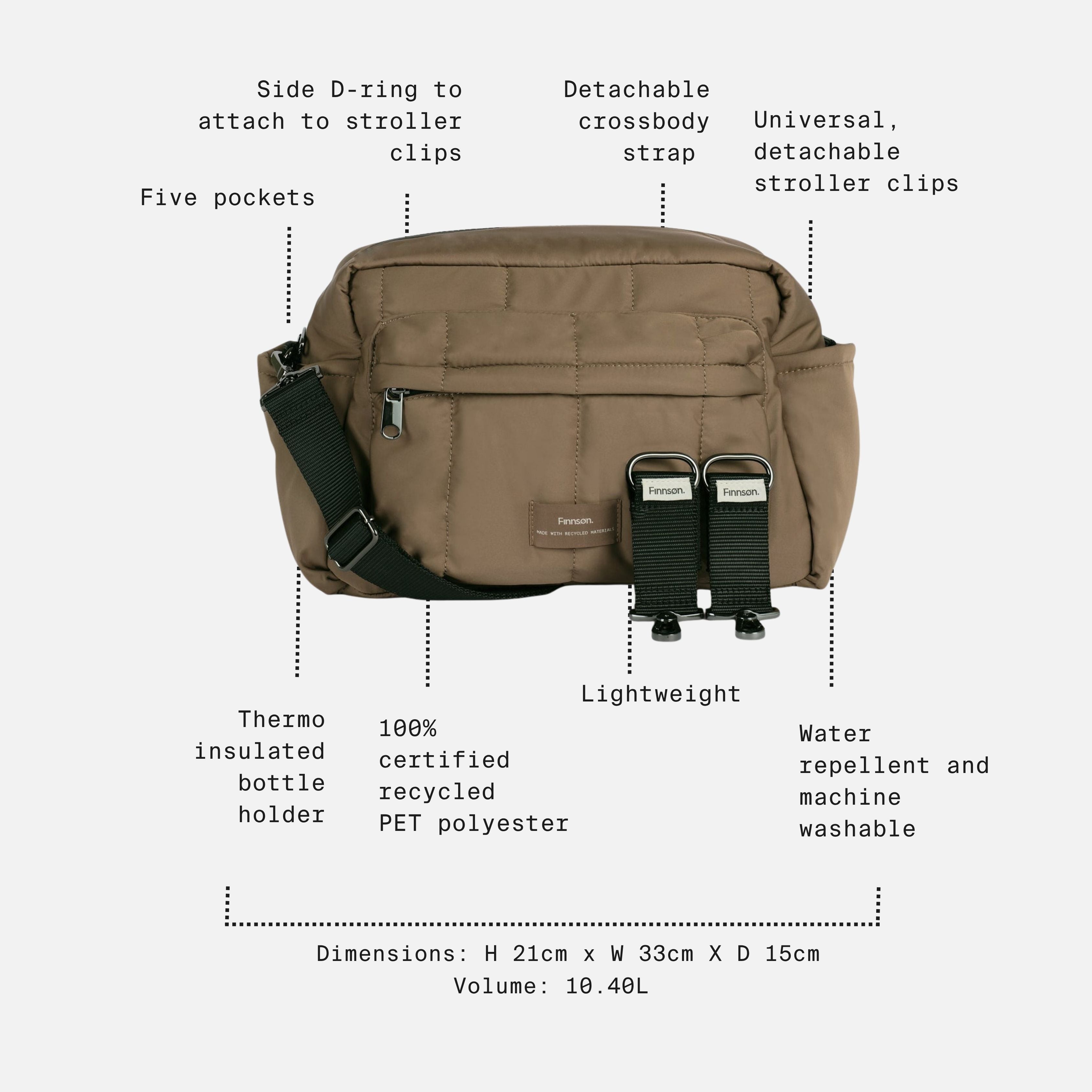 Freya Eco Oversized Stroller Organiser in Mocha with feature call-outs: five pockets, bottle holder, 10.4L