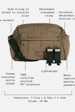 Freya Eco Oversized Stroller Organiser in Mocha with feature call-outs: five pockets, bottle holder, 10.4L